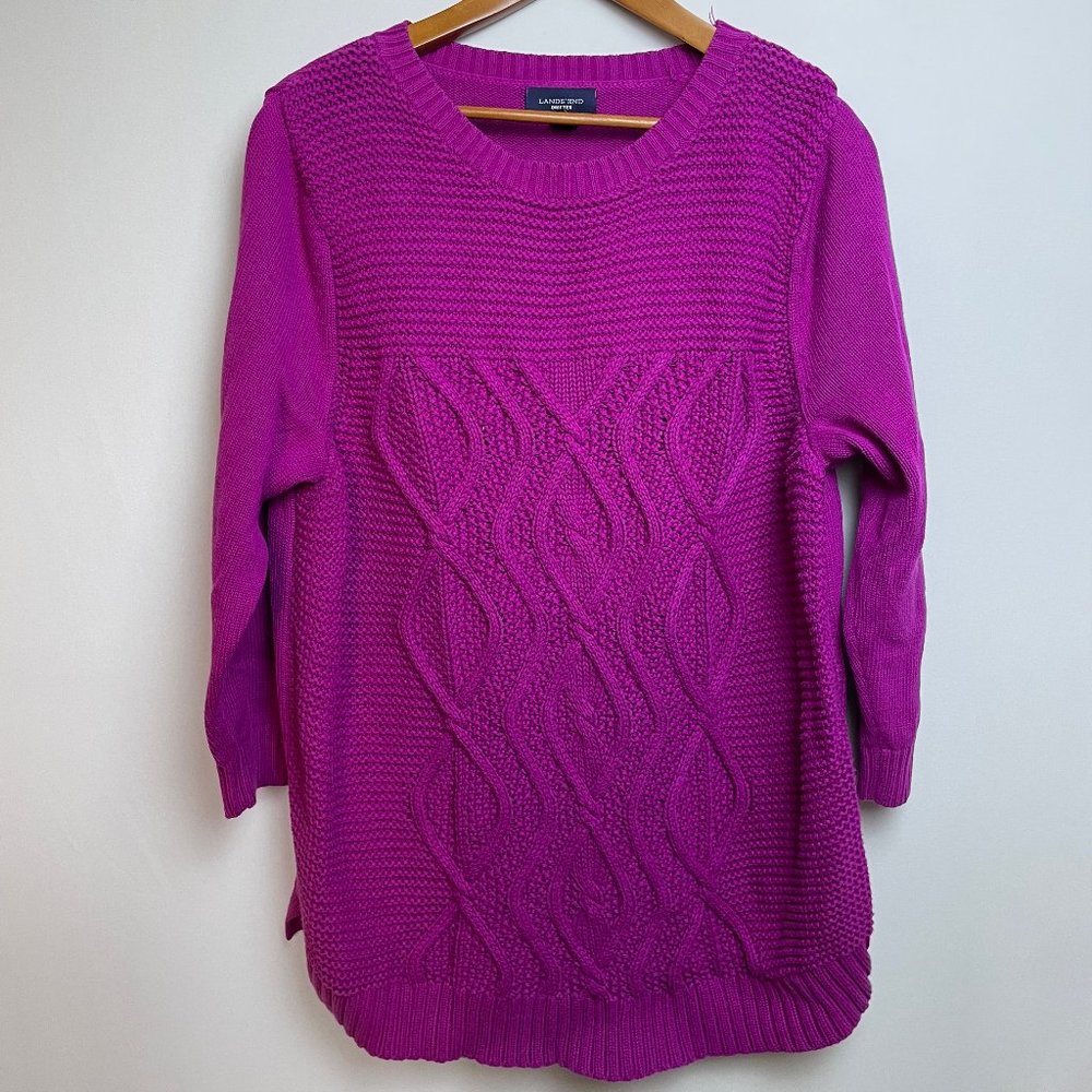 Lands End Drifter Womens Sweater 2X Pink 100% Cotton Chunky Cable Knit Fisherman